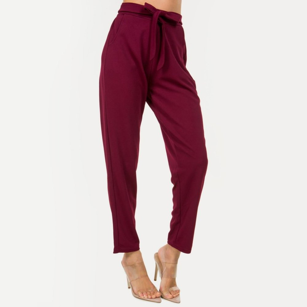 Crepe Ribbon Waist Long Straight Pocket Slacks